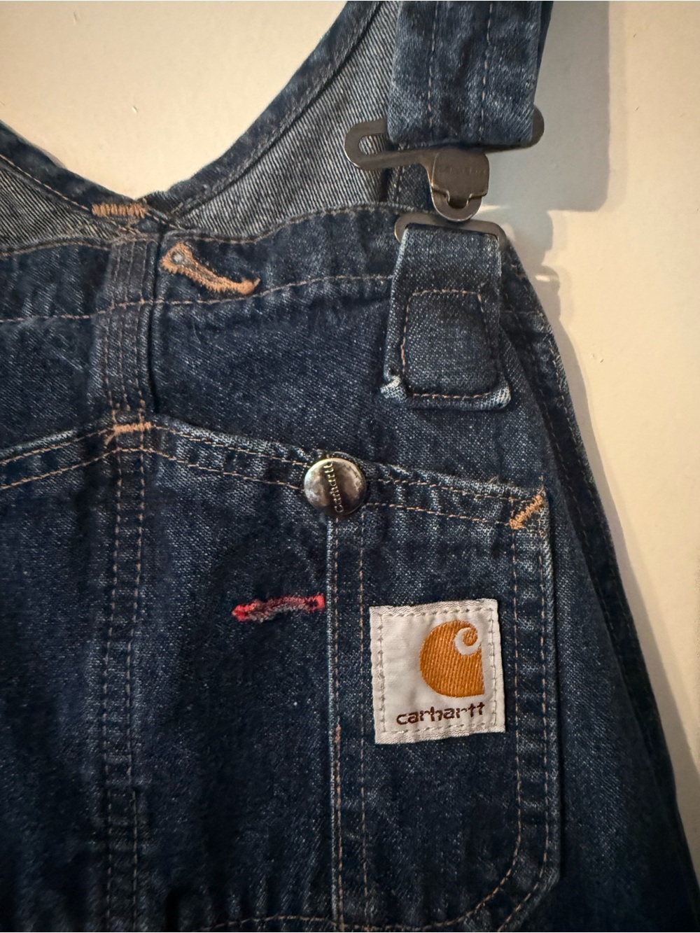 Carhartt Women's Dark Blue Denim Overalls with Gold Logo Patch